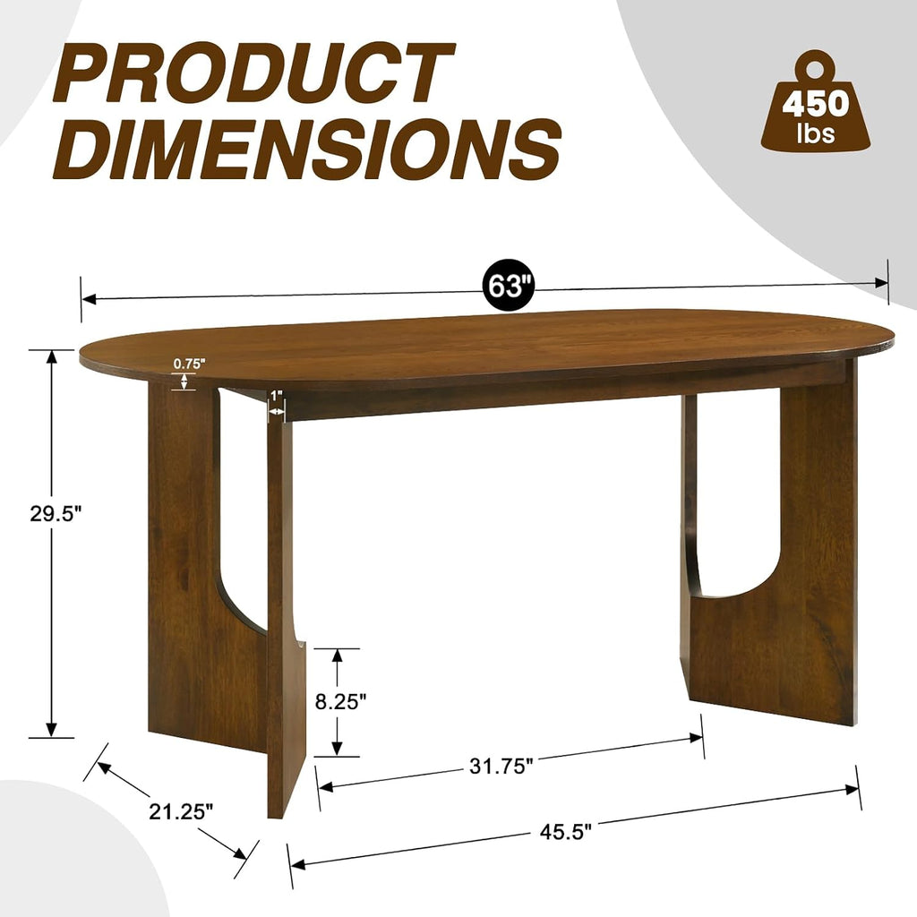 VESCASA 63" L Walnut Wood Oval Dining Table for 6, Solid Wood Kitchen Table with Wooden Legs for Dining Room, Restaurant