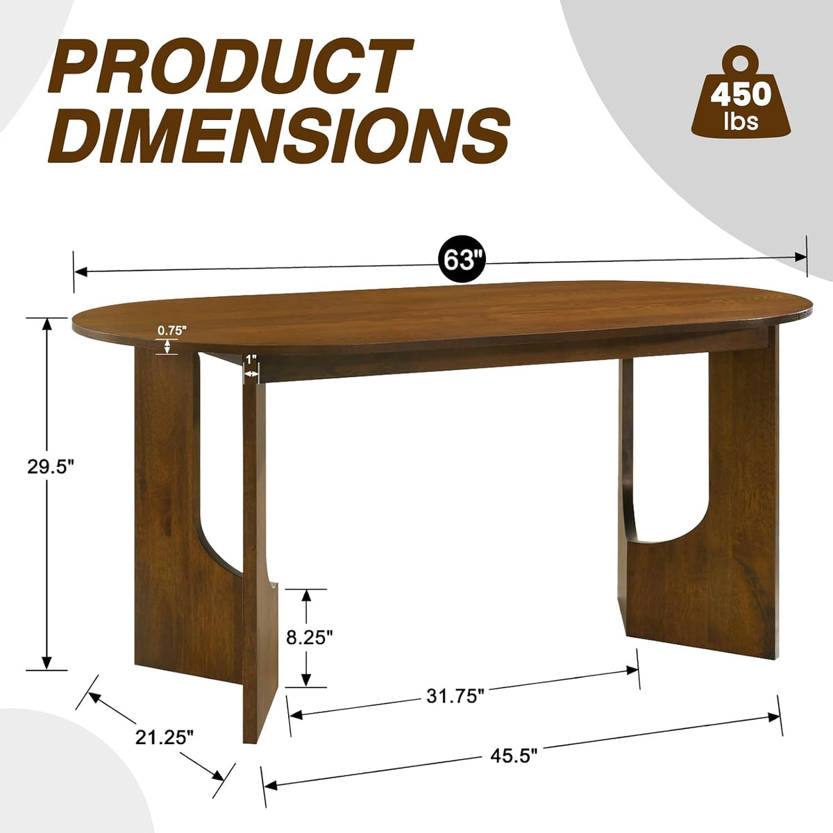 VESCASA 63" L Walnut Wood Oval Dining Table for 6, Solid Wood Kitchen Table with Wooden Legs for Dining Room, Restaurant