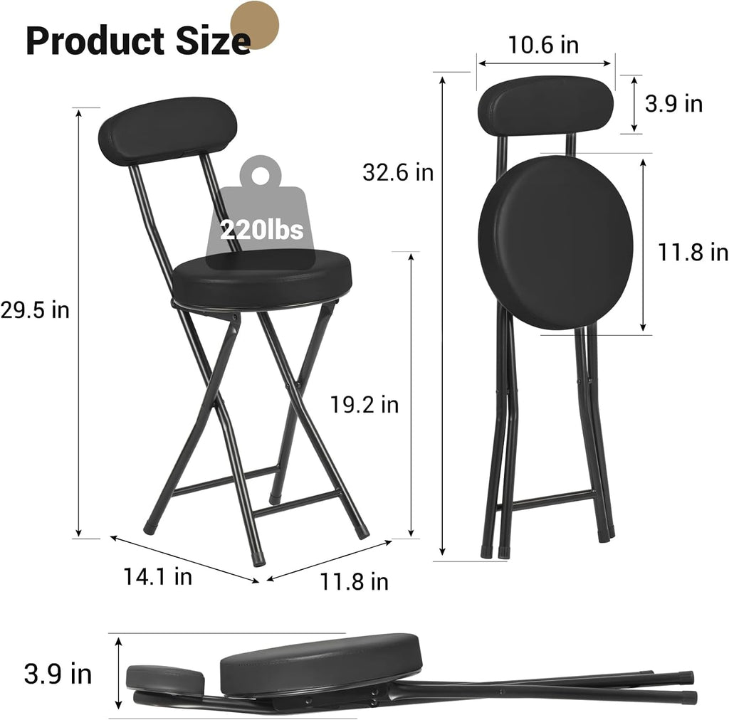 Cushioned Padded Folding Stools, Folding Bar Stool with Backrest, 220lb Capacity, 19 Inch Collapsible Round Portable Foldable Chair for Outdoor Indoor Kitchen Camping Fishing (Black, 2 Pack)