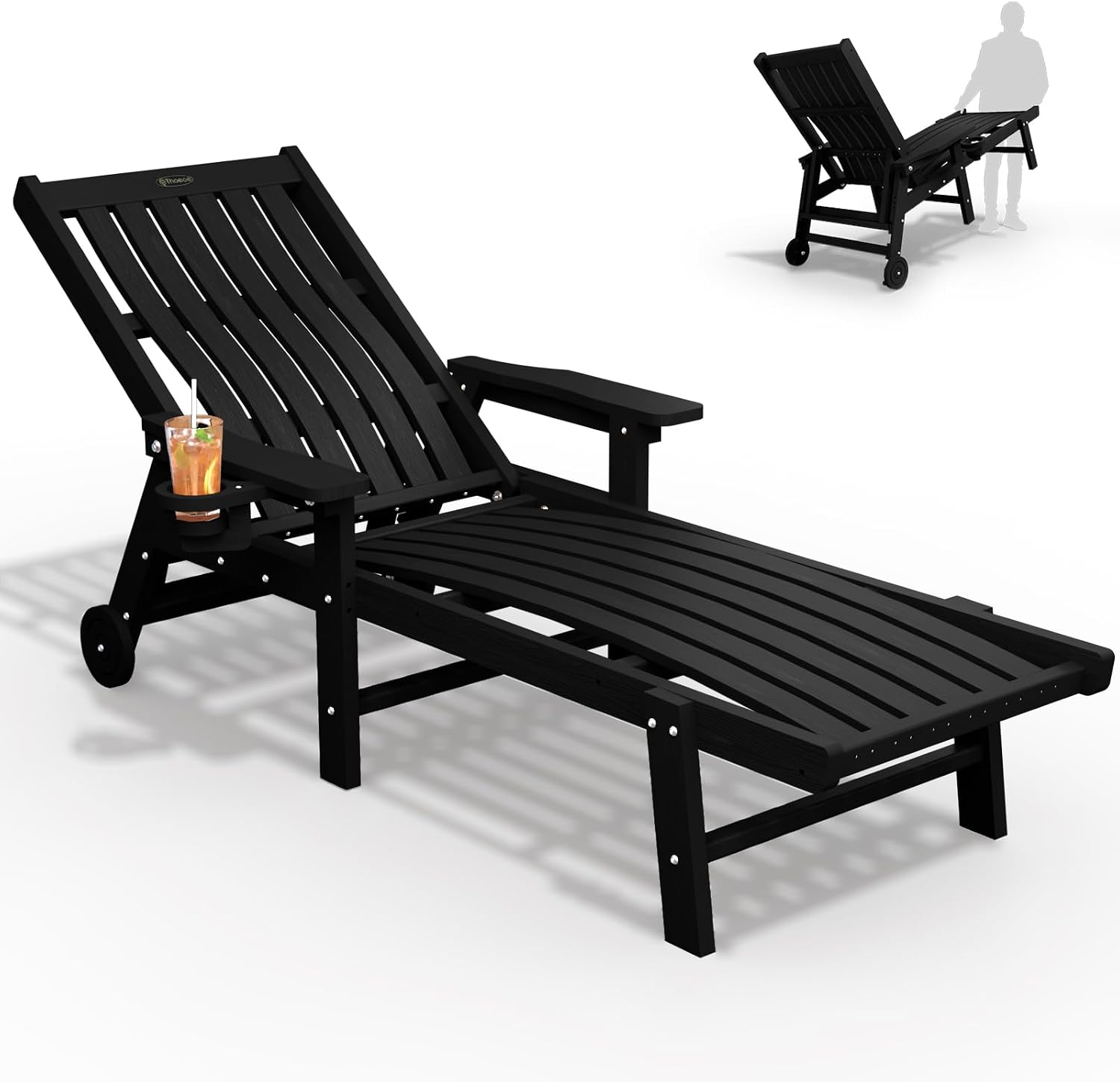 THOEOE Patio Chaise Lounge Chair,HDPE Lounge Chair Outdoor with Wheels | Oversized pool lounge chairs with cup holder, 5 adjustable position for patio,outside,pool,deck
