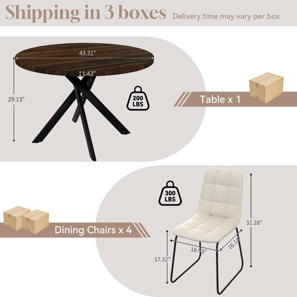 44" Round Dining Table Set for 4, Modern X-Shaped Metal Leg Table | Cushioned Cozy Beige Chairs of 4, Mid-Century Walnut Tabletop, Dinette set for Kitchen, Dining Room & Apartments
