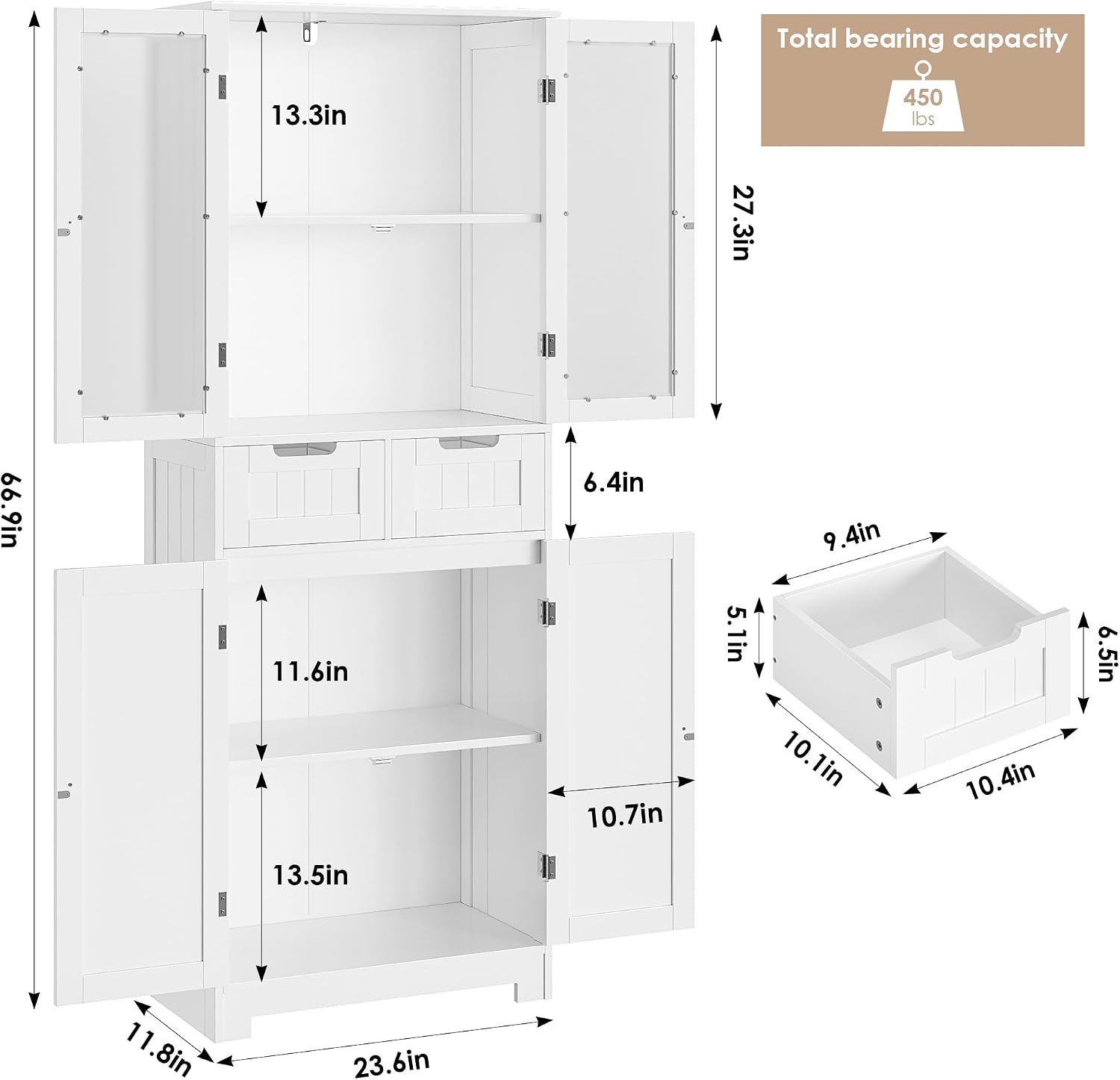 HOSTACK 64" Tall Storage Cabinet, Kitchen Pantry with Drawers, Modern Bathroom Cabinet with Shelves and Glass Doors, Free Standing Linen Storage Cupboard for Dining Room, White