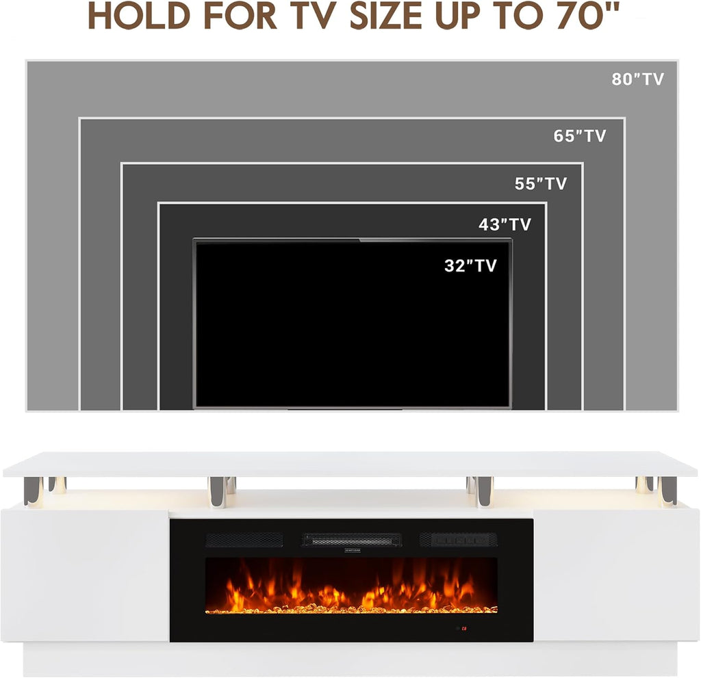 70" Fireplace TV Stand for TVs UP to 80", Electric Fireplace Entertainment Center with LED Lights & Storage Cabinets, TV Console for Living Room, Office, White-Black