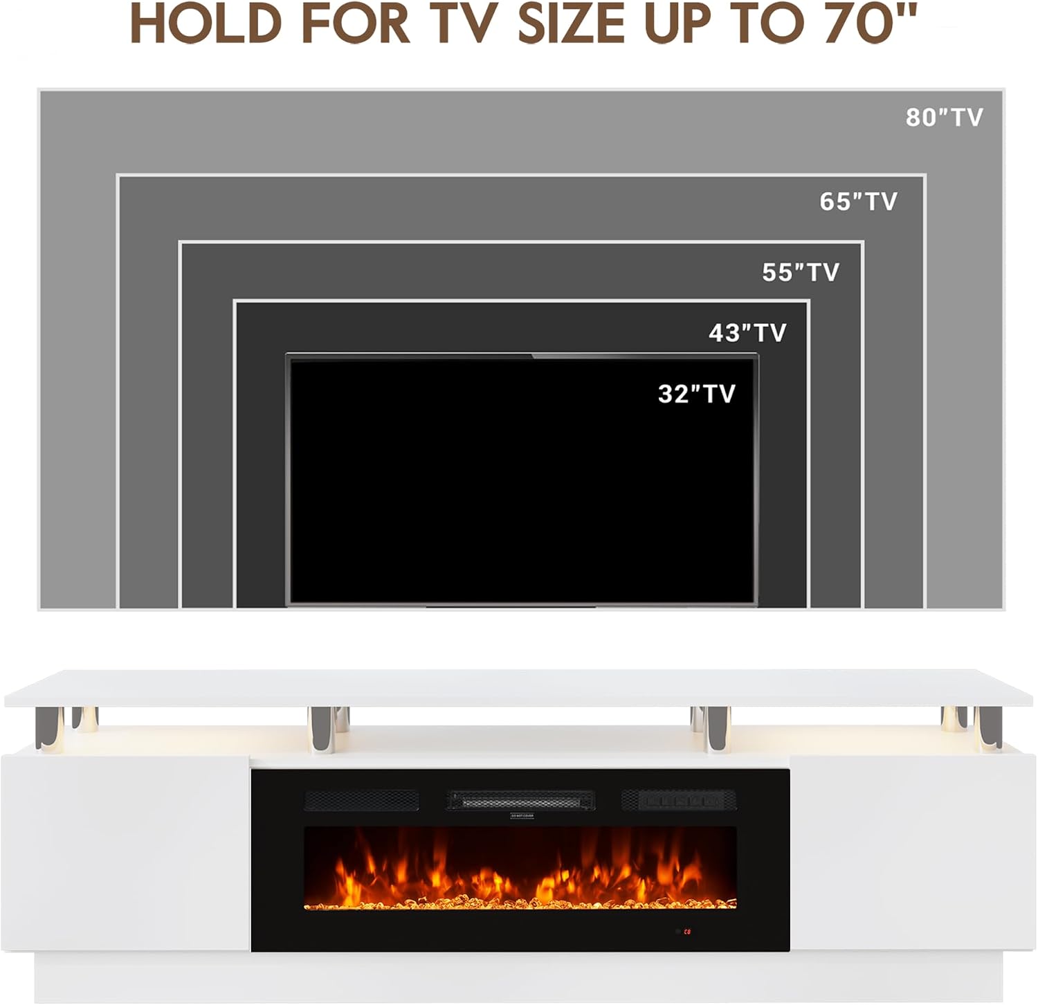 70" Fireplace TV Stand for TVs UP to 80", Electric Fireplace Entertainment Center with LED Lights & Storage Cabinets, TV Console for Living Room, Office, White-Black