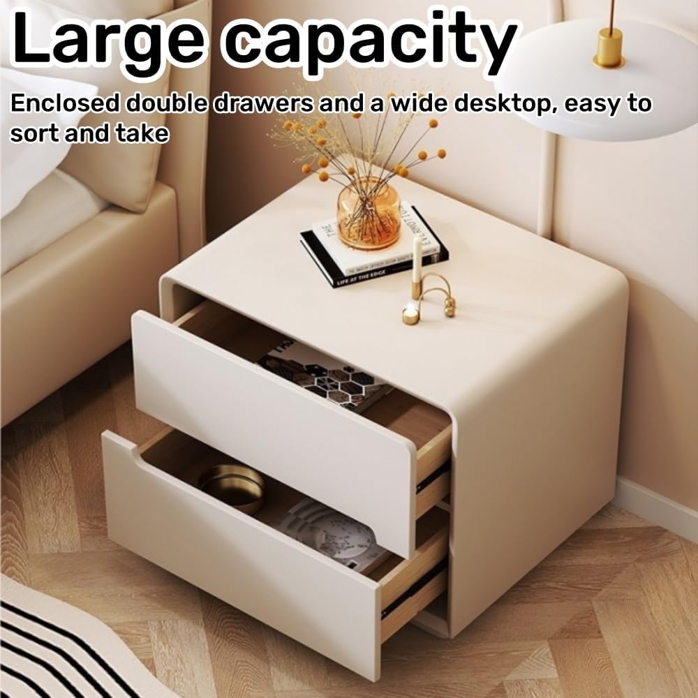 Modern Nightstand, Solid Wood Bedside Table, Simple Night Stand with 2 Drawers, Full-Floor Design Side Table for Bedroom, Living Room(Beige,15.7in)