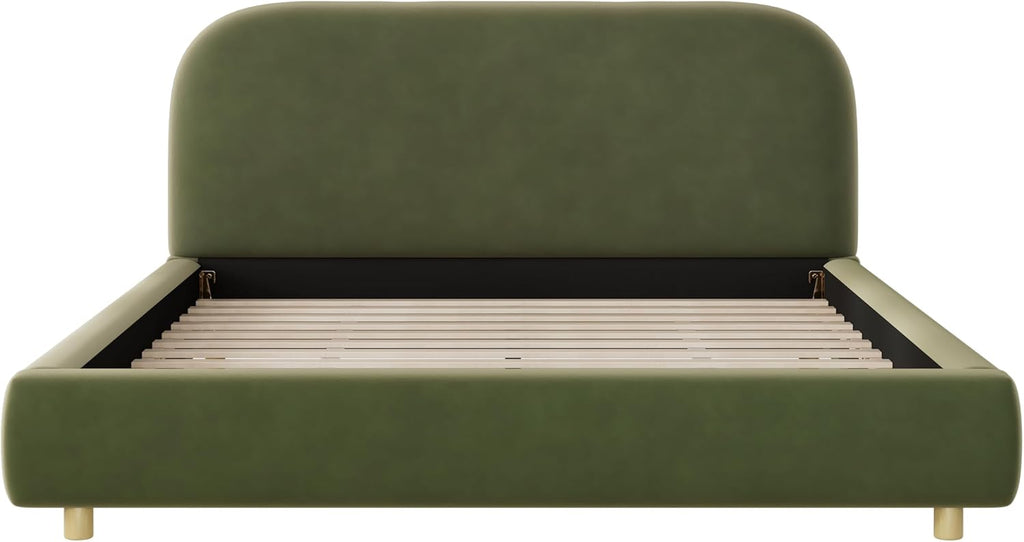 Merax Queen Velvet Fabric Platform Bed with Curved Headboard, Olive Green