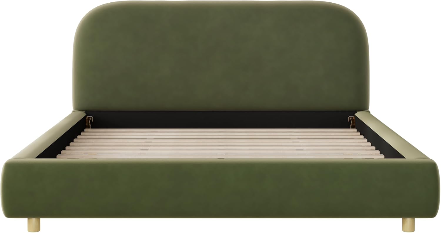 Merax Queen Velvet Fabric Platform Bed with Curved Headboard, Olive Green