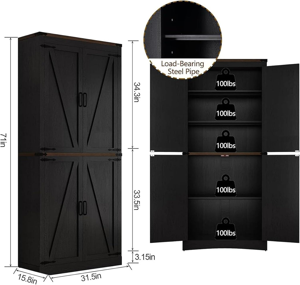 Hlivelood 71" Tall Kitchen Pantry,Farmhouse Storage Cabinet with Adjustable Shelves,Load-Bearing Steel Pipe,Farmhouse Pantry Cabinet with 4 Barn Doors,for Kitchen,Dining Room,Living Room(Black)
