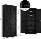 Hlivelood 71" Tall Kitchen Pantry,Farmhouse Storage Cabinet with Adjustable Shelves,Load-Bearing Steel Pipe,Farmhouse Pantry Cabinet with 4 Barn Doors,for Kitchen,Dining Room,Living Room(Black)