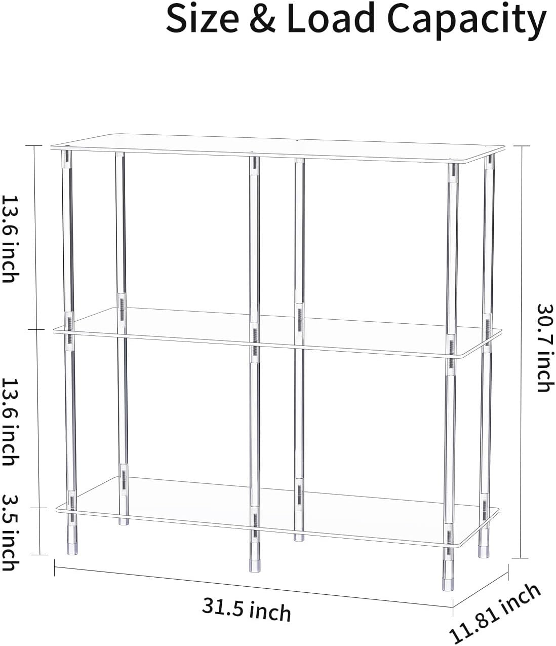 Clear Acrylic Record Player Stand with Vinyl Storage, 31.5" L x 11.8" W x 30.7" H, 3 Tier Side Turntable Table with Large Album Shelf, Modern End Table Bookshelf for Living Room, Bedroom