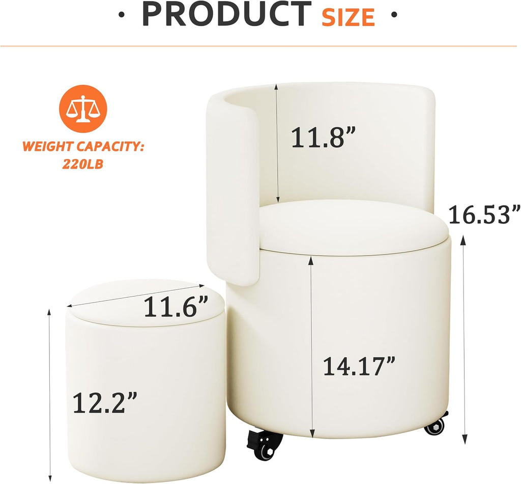 Round Vanity Chair with Storage, Rolling PU Leather Swivel Work Makeup Stool Chair with Folding Back, Upholstered Ottomans for Bedroom Living Room