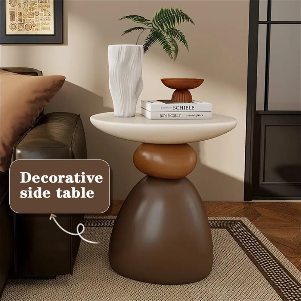 Decorative Stone Shape Side Table, Fiberglass End Table Nightstand, Round Accent Table for Bedroom, Living Room, Entryway, Decorative Living Room Table(Brown,Large)