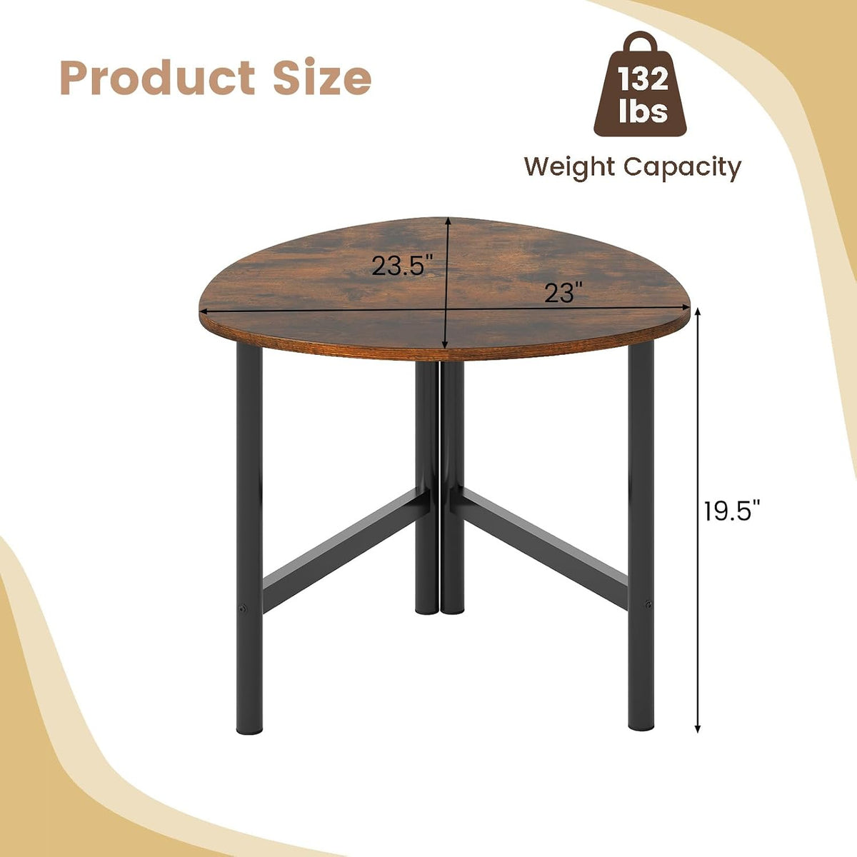 Giantex Triangle End Table, Wood Side Table with Metal Legs, Sofa Couch Accent Tables, Small Coffee Table for Small Space Living Room, Nightstand for Bedroom, Rustic Brown & Black