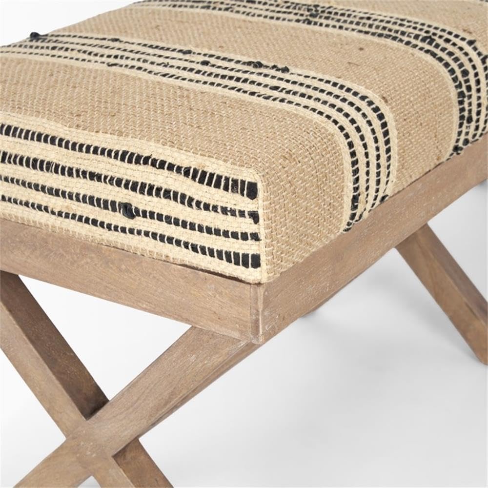 Pemberly Row Upholstered Accent Bench, 50L x 16W x 18.8H, Mango Wood Base, Beige/Black Stripe Jute Cushion, Farmhouse Global-Inspired Design, Versatile Kitchen or Living Room Seating