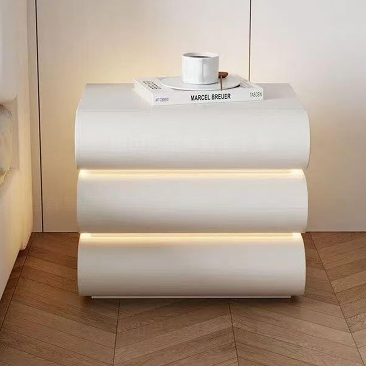White Night Stand with LED Light, Leather Nightstand, Modern Bedside Table | 3 Solid Wood Drawers, No Assembly Required(19.7''H) (White)