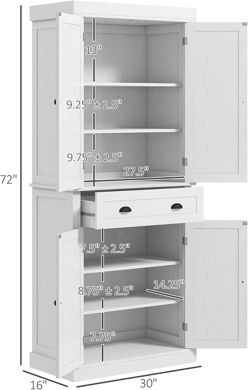HOMCOM 72.5" Kitchen Pantry Cabinet Freestanding 4 Doors White Wood Grain | Traditional Storage Cabinet, Drawer, 3 Adjustable Shelves, for Dining Room