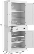 72.5" Kitchen Pantry Cabinet, Traditional Freestanding Storage Cabinet with 4 Doors, Drawer and 3 Adjustable Shelves for Dining Room, White Wood Grain