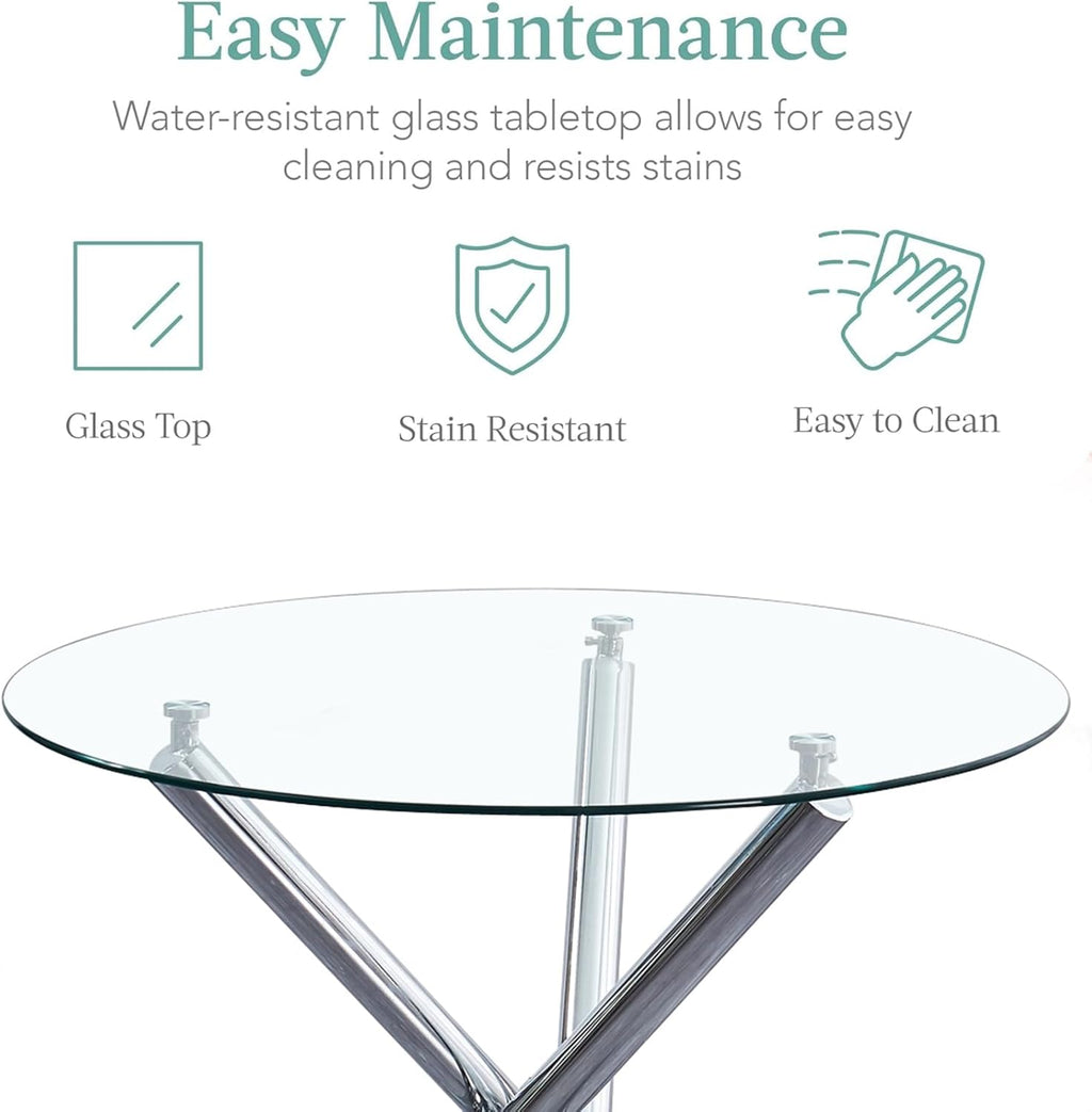 Round Glass Dining Room Set for 4 Modern Clear Silver Kitchen Table and Faux Leather Grayish Chairs Set Compact 5-Pieces Dining Table with Chair Set for Small Space/Apartment