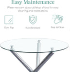 Round Glass Dining Room Set for 4 Modern Clear Silver Kitchen Table and Faux Leather Grayish Chairs Set Compact 5-Pieces Dining Table with Chair Set for Small Space/Apartment