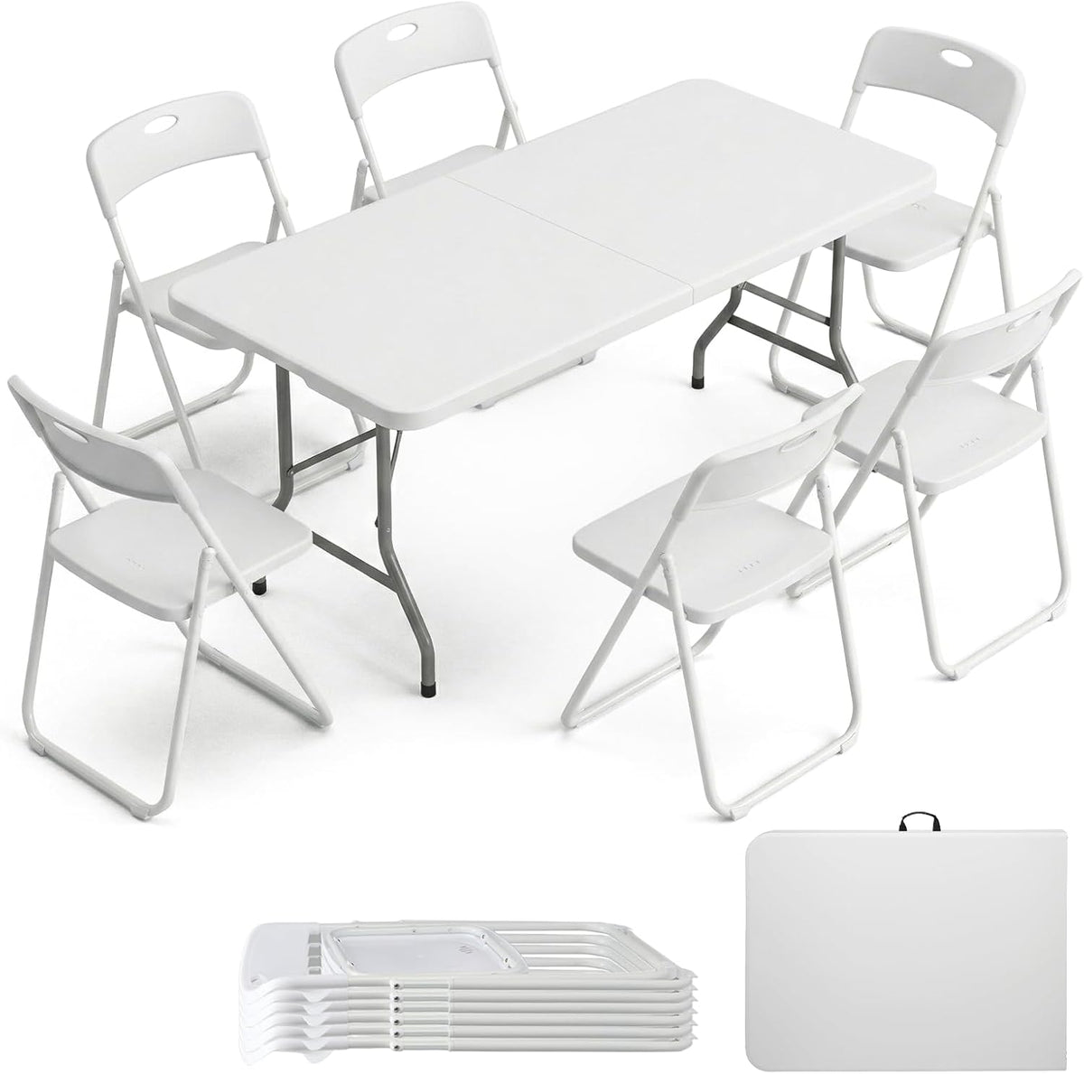 Folding Table and Chairs Set, 6 Foot Foldable Long Plastic Table with 6 Plastic Folding Chairs, Portable Set for Parties, Event, Training, Craft, Wedding, and Commercial Use