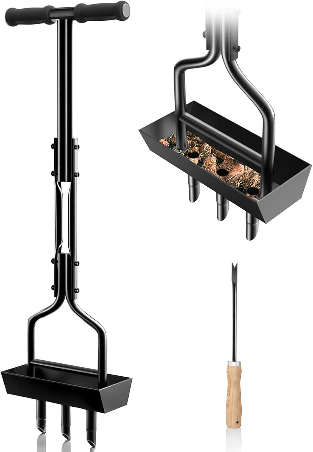 Manual Lawn Aerator Tool with Soil Storage Basket - 2025 Upgraded Aerator Lawn Tool, 3 Tines Yard Aerators with Cleaning Tool, 38’’ Ergonomic Aeration Tools for Compacted Soil & Lawn Care