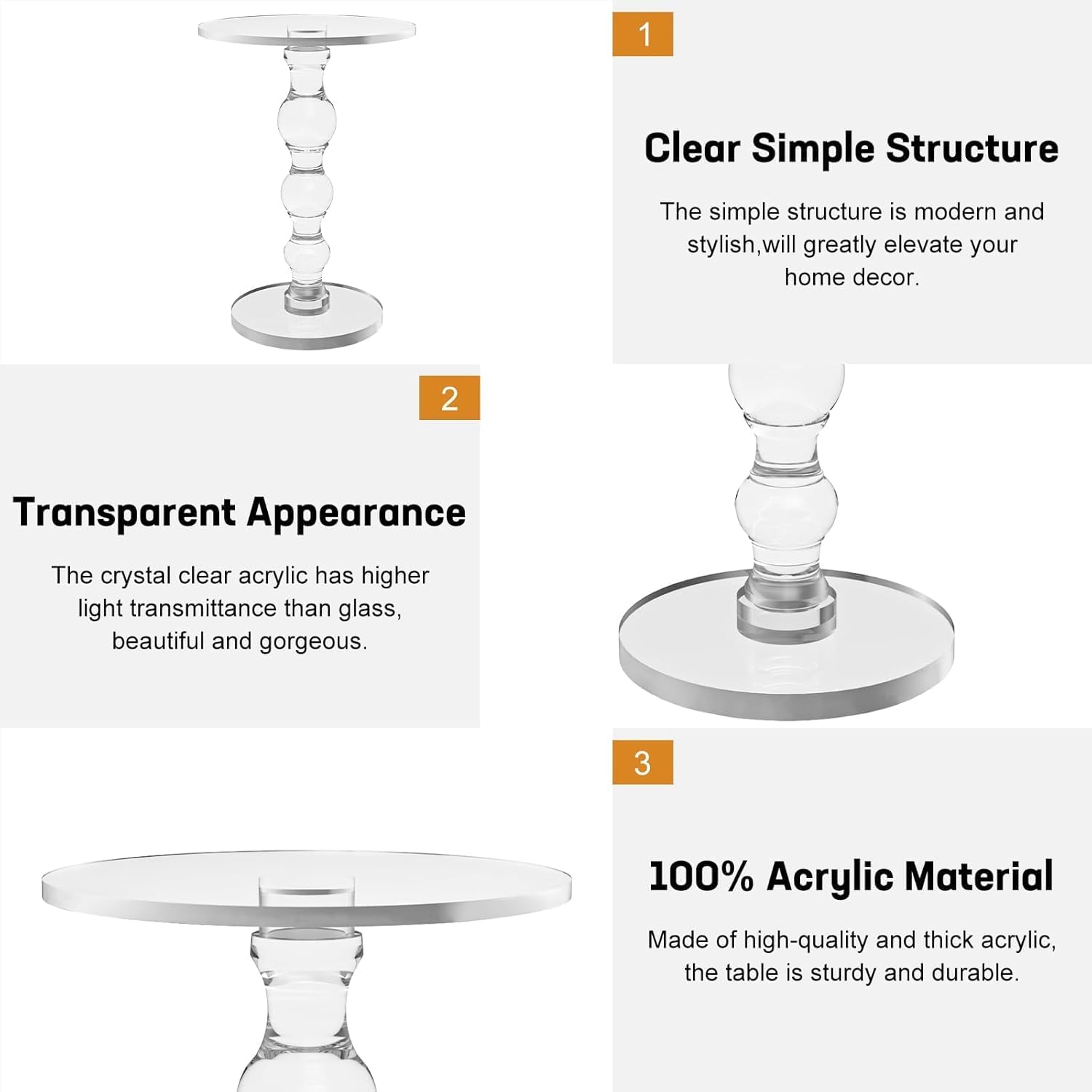 Acrylic Side Table, Acrylic End Table,Clear Round Side/End Table with Support Rod for Office Living Room Bedroom, Modern Drink Table/Clear Nightstand, Easy Assembly (2 pcs)