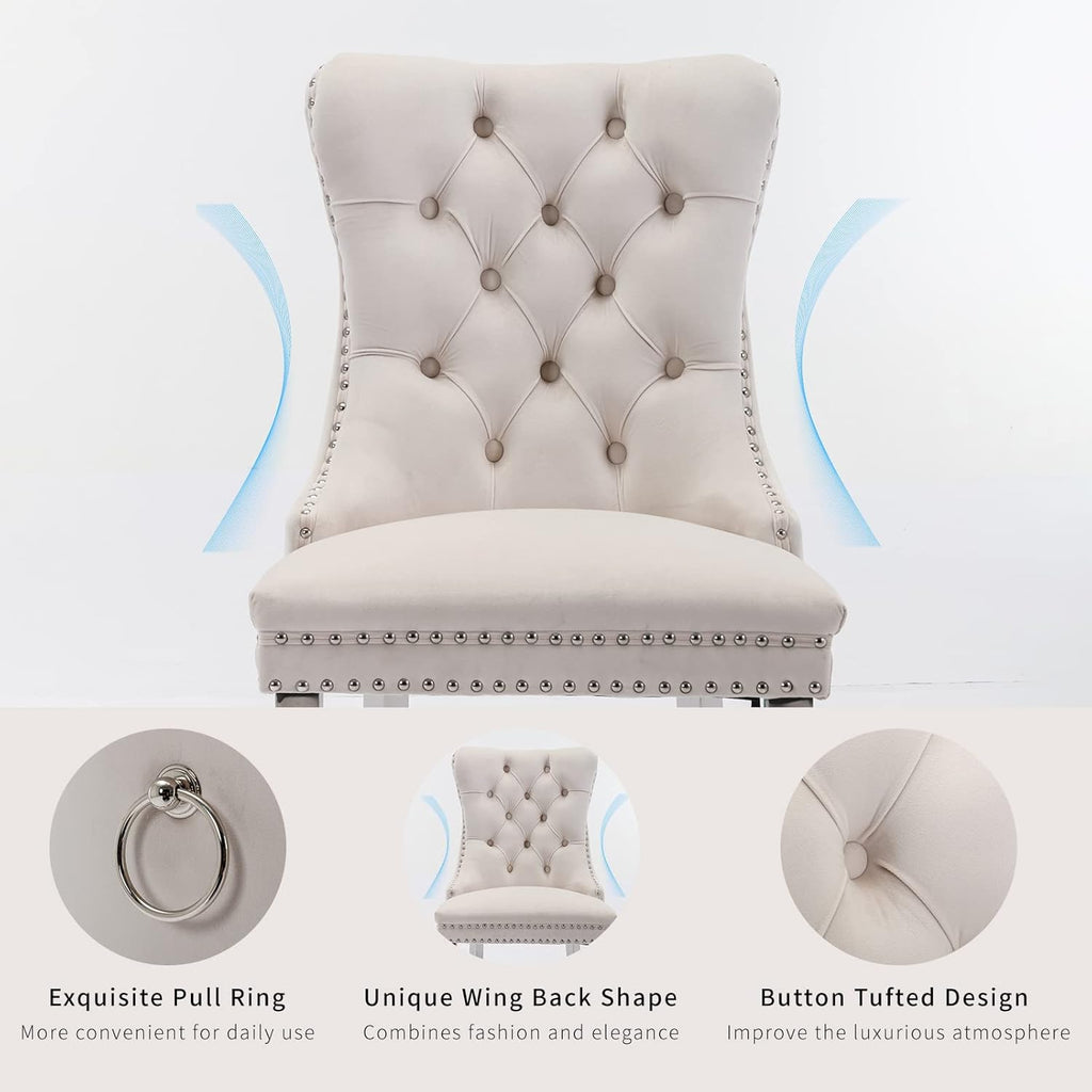 ODUSE-DAILY Velvet Dining Chairs Set of 8, Kitchen & Dining Room Chairs Set of 8, Tufted Dining Chairs, Velvet Upholstered, Chrome Metal Legs (Beige, 8Pcs)
