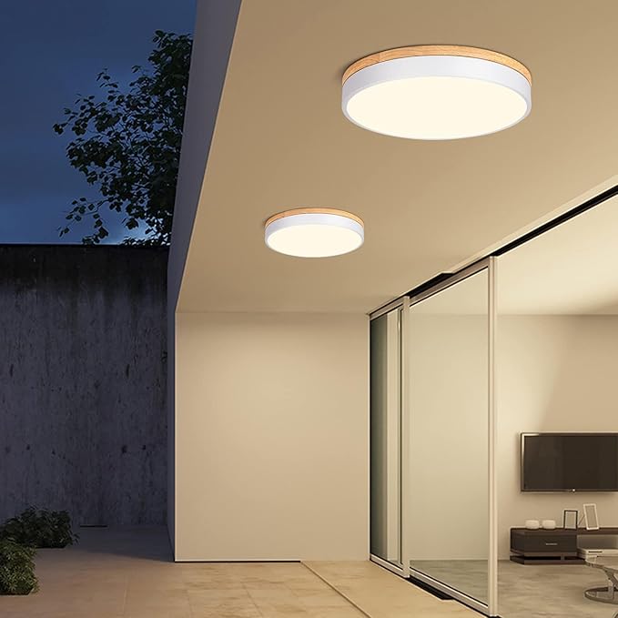 Modern Dimmable LED Close to Ceiling Light Minimalist Wood Oak Flush Mount Ceiling Light Fixture Circle Lighting with Lampshade for Bedroom Living Room Bathroom Laundry Room (White, 15.7'')