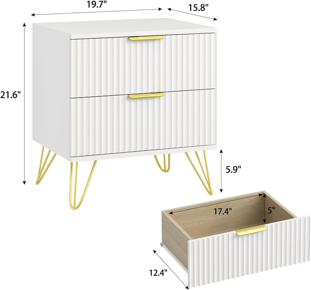 White Fluted Nightstand Set of 2, Modern Bedside Table with 2 Drawers and Gold Legs, 19.7’’ Night Stand Wood End Table for Bedroom
