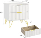White Fluted Nightstand Set of 2, Modern Bedside Table with 2 Drawers and Gold Legs, 19.7’’ Night Stand Wood End Table for Bedroom