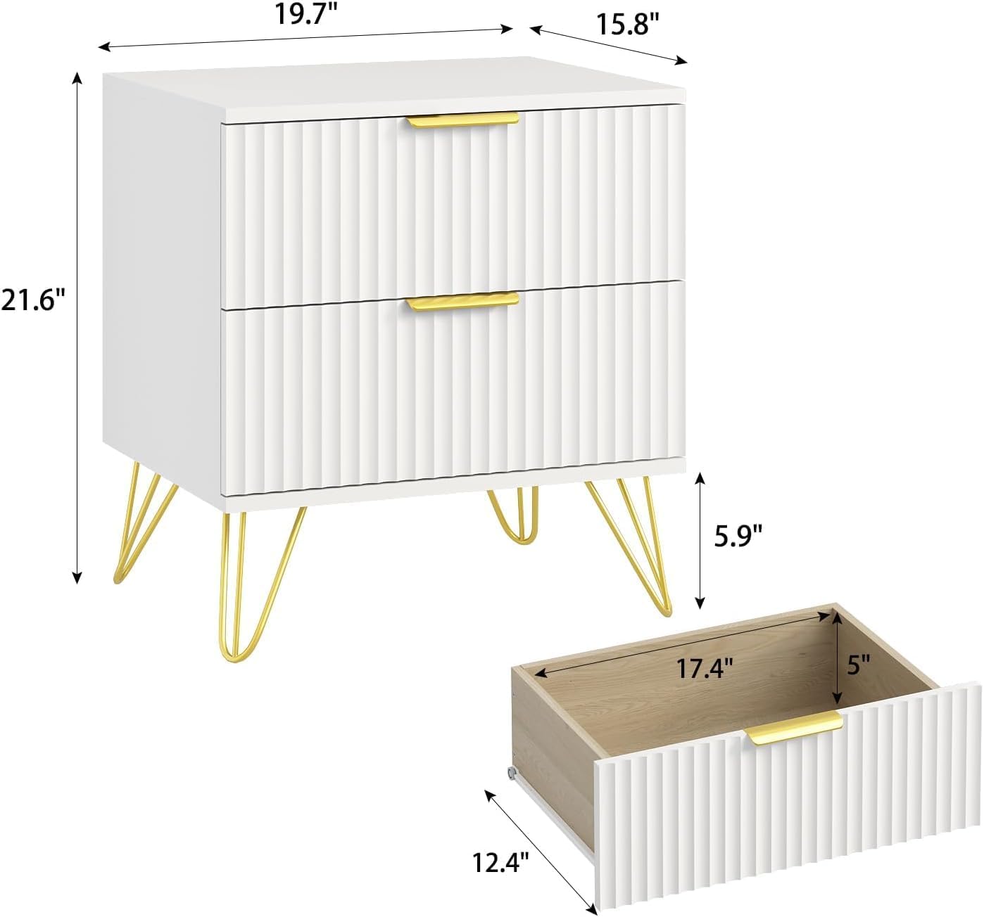 White Fluted Nightstand Set of 2, Modern Bedside Table with 2 Drawers and Gold Legs, 19.7’’ Night Stand Wood End Table for Bedroom