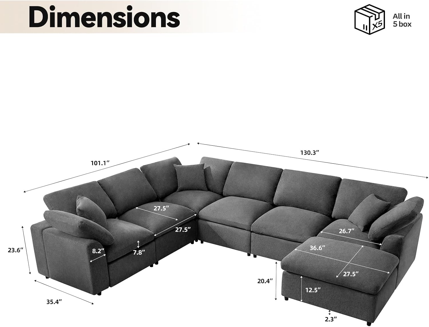 Siiejia Modular 7 Seater Sectional Sofa, Oversized Cloud Couches, Dark Grey