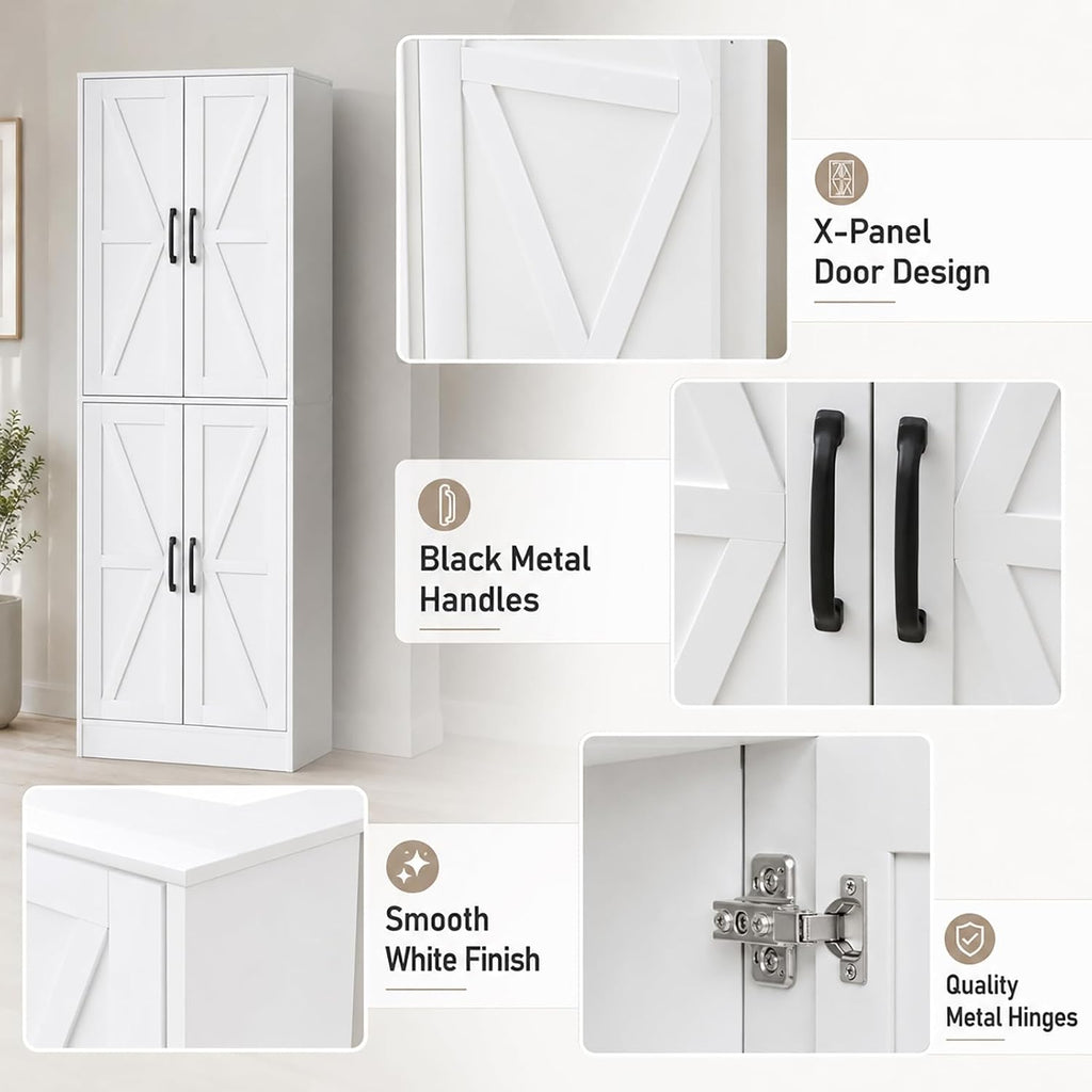 Kitchen Pantry Storage Cabinet, 68" Tall White Food Pantry Cabinet with Doors and Adjustable Shelves, Freestanding Farmhouse Storage Cabinet for Kitchen, Dining Room, Bathroom, Laundry Room (White)