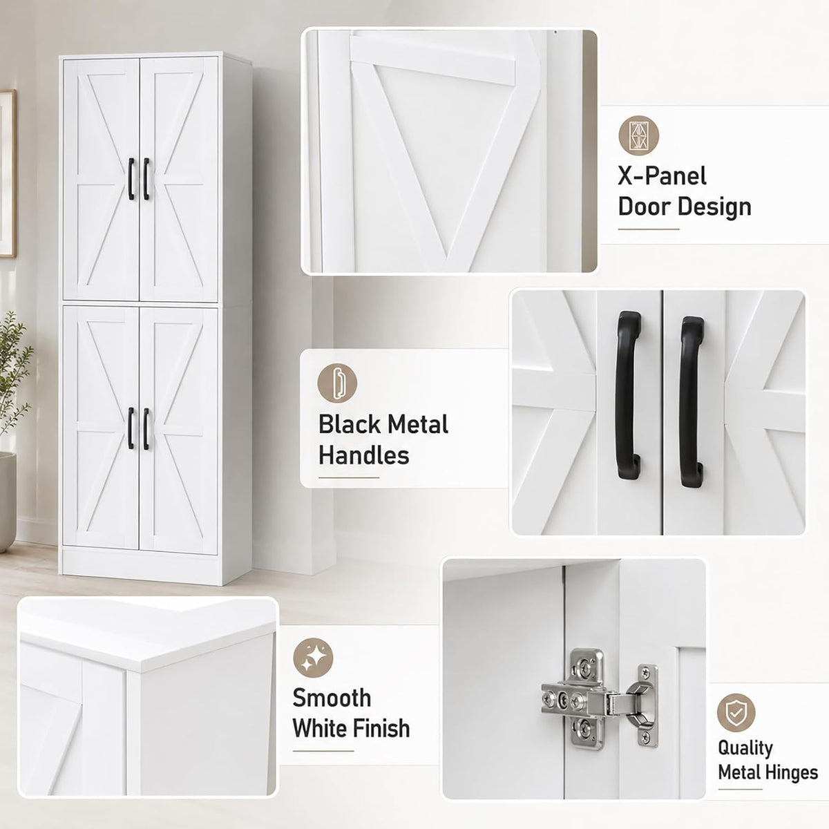 Kitchen Pantry Storage Cabinet, 68" Tall White Food Pantry Cabinet with Doors and Adjustable Shelves, Freestanding Farmhouse Storage Cabinet for Kitchen, Dining Room, Bathroom, Laundry Room (White)