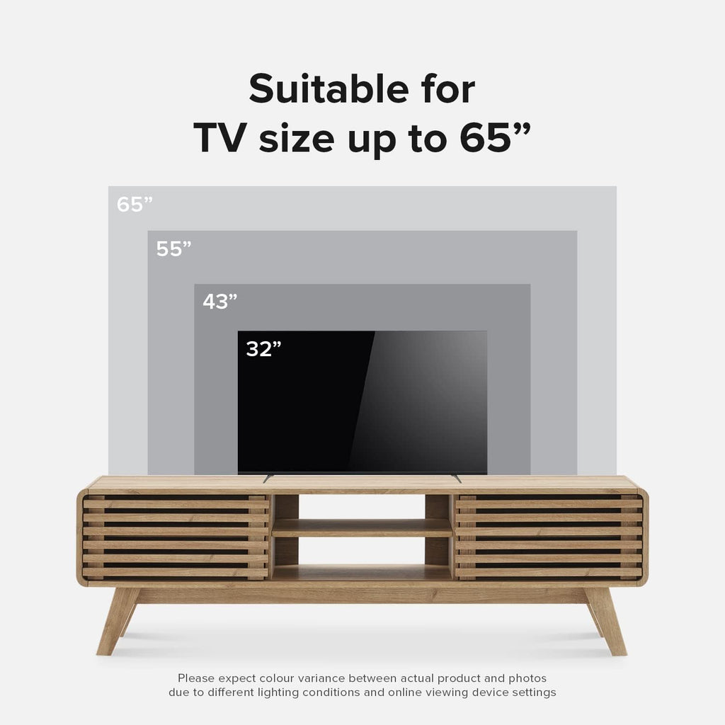 mopio Ensley 59" TV Stand with Slatted Door, Mid Century Modern Entertainment Center for 55/60/65 inch TV, Farmhouse Media Console with Storage, Adjustable Shelves, Round Edges, Living Room (Oak)