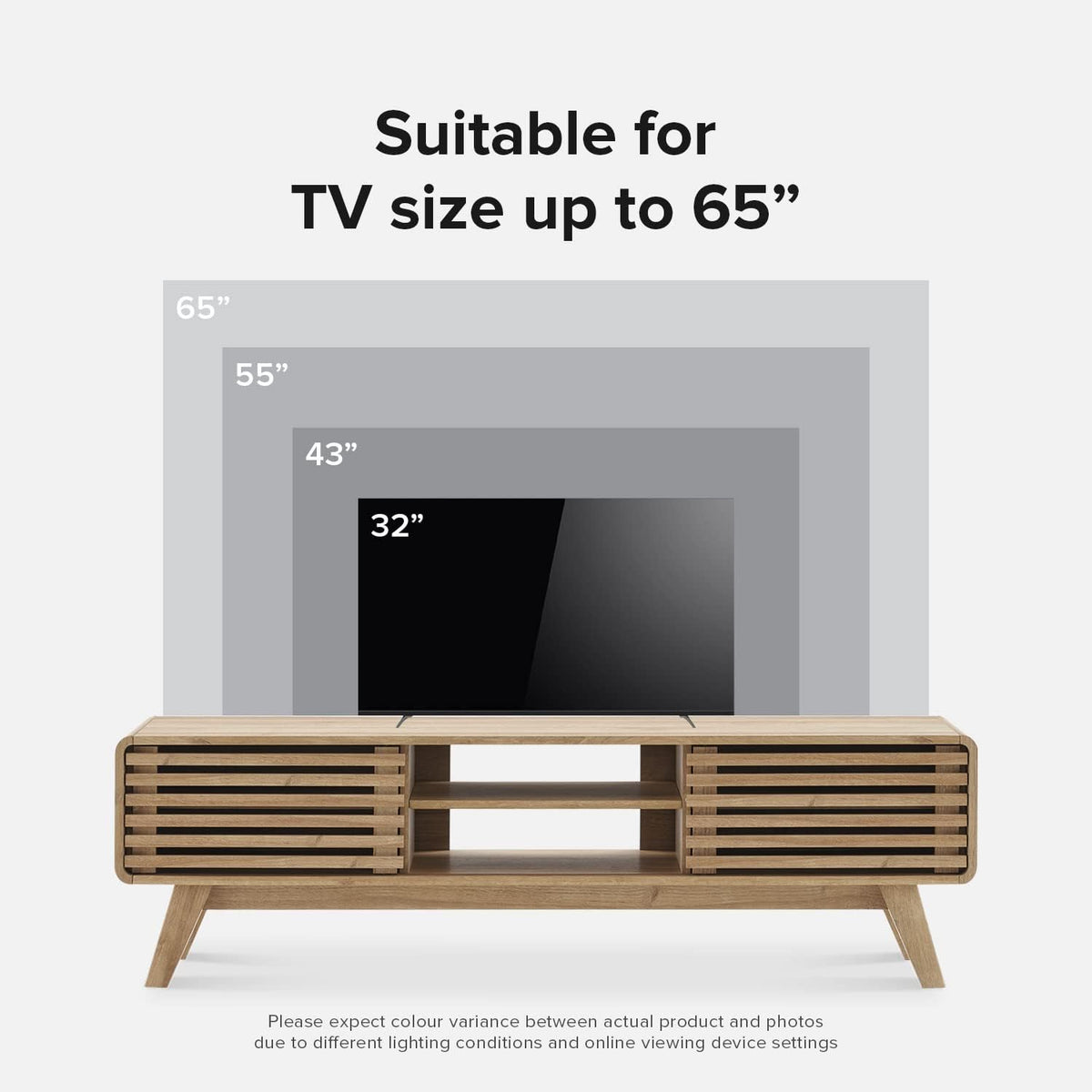 mopio Ensley 59" TV Stand with Slatted Door, Mid Century Modern Entertainment Center for 55/60/65 inch TV, Farmhouse Media Console with Storage, Adjustable Shelves, Round Edges, Living Room (Oak)