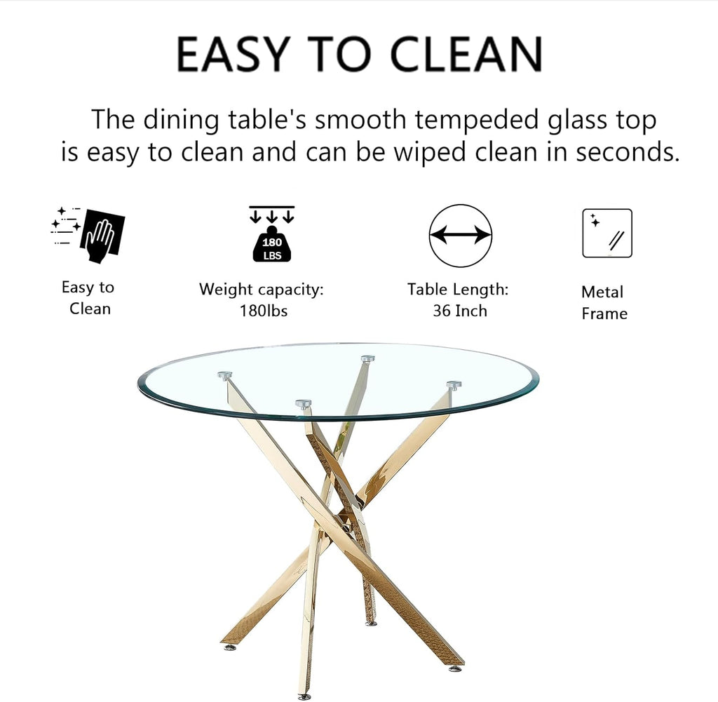 36" Glass Dining Table for 2-4, Modern Dining Room Table with 0.39" Tempered Glass Top and Cross X-Shaped Gold Stainless Steel Base, Round Kitchen Dinner Table for Dining Room