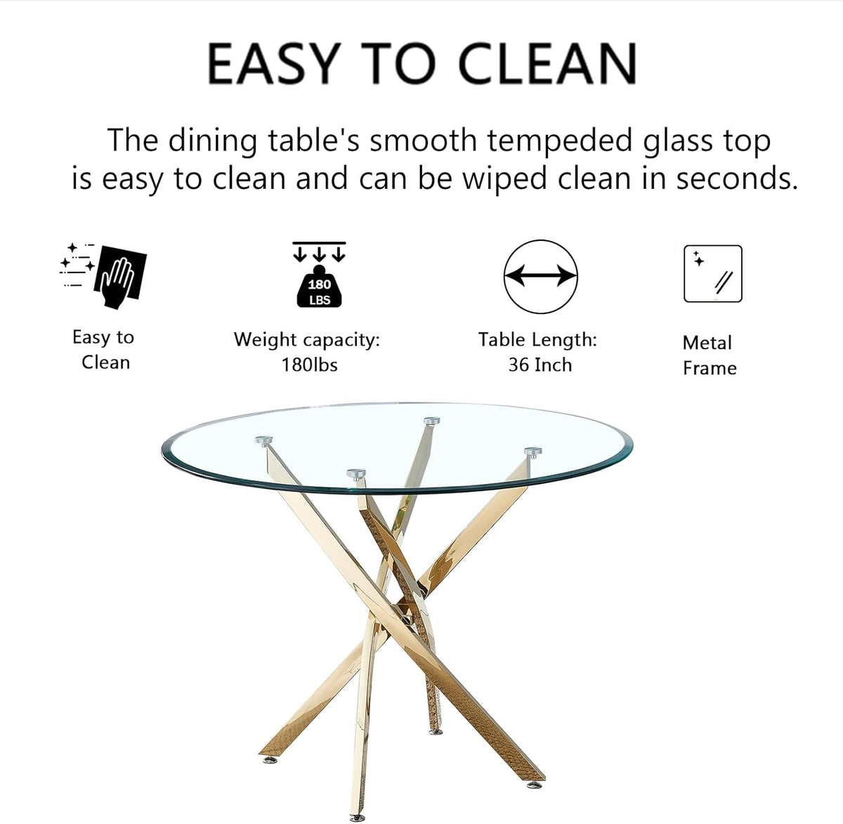 36" Glass Dining Table for 2-4, Modern Dining Room Table with 0.39" Tempered Glass Top and Cross X-Shaped Gold Stainless Steel Base, Round Kitchen Dinner Table for Dining Room