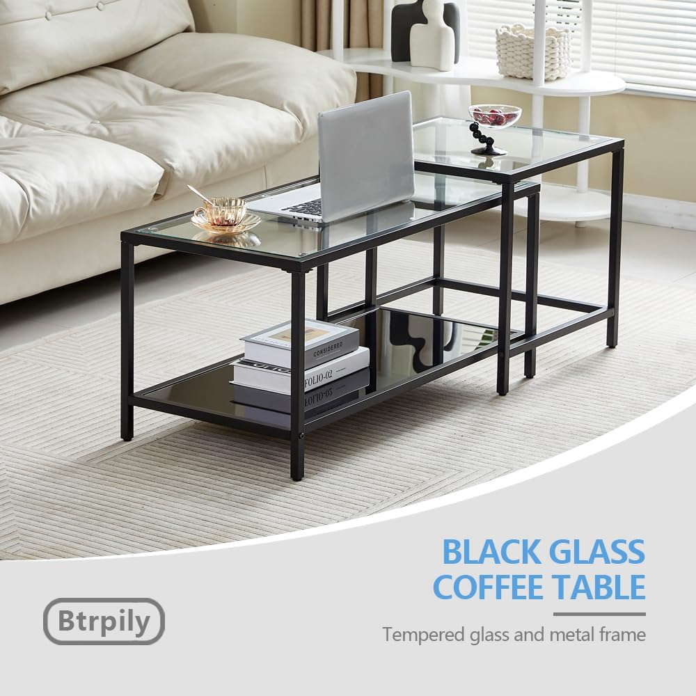 Coffee Table Nesting Set of 2, Center Coffee Table Set with Tempered Glass, Modern Side Tables for Living Room, Bedroom, Office and Nightstand, Black