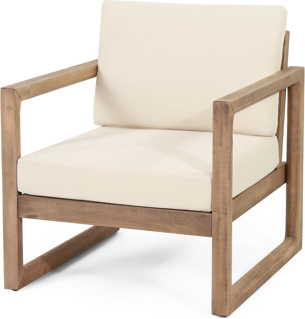 Acacia Wood Patio Club Chair Set of 2 with Water-Resistant Cushions, Outdoor Deep Seating Furniture for Garden, Porch, Backyard, Brown Wash with Beige Cushion