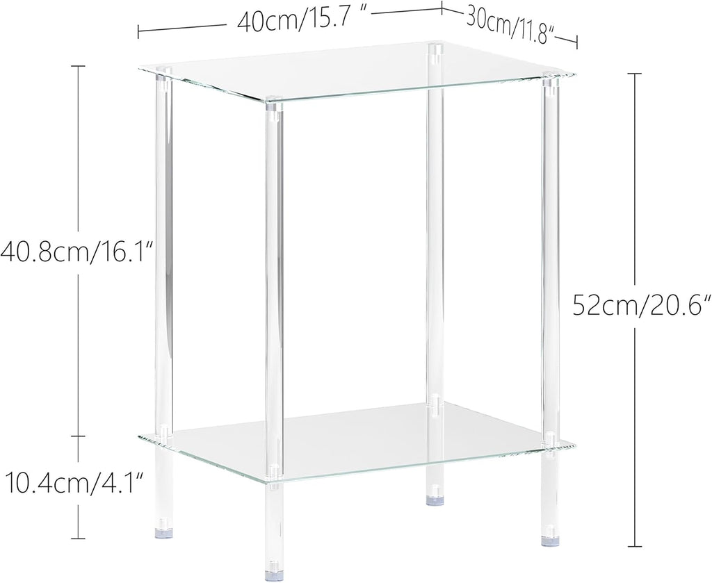 Tempered Glass Side Table, Acrylic End Table, 2-Tier Transparent Nightstand, Clear Coffee Table, for Small Spaces Living Room Bedroom Balcony Transparent LET518TR