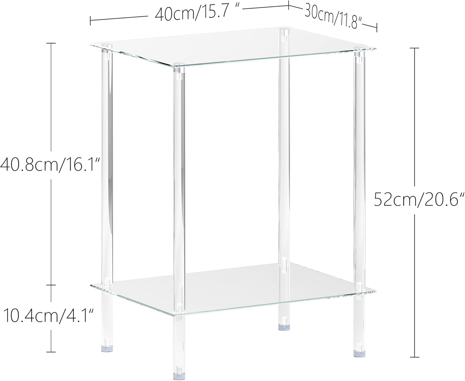 Tempered Glass Side Table, Acrylic End Table, 2-Tier Transparent Nightstand, Clear Coffee Table, for Small Spaces Living Room Bedroom Balcony Transparent LET518TR