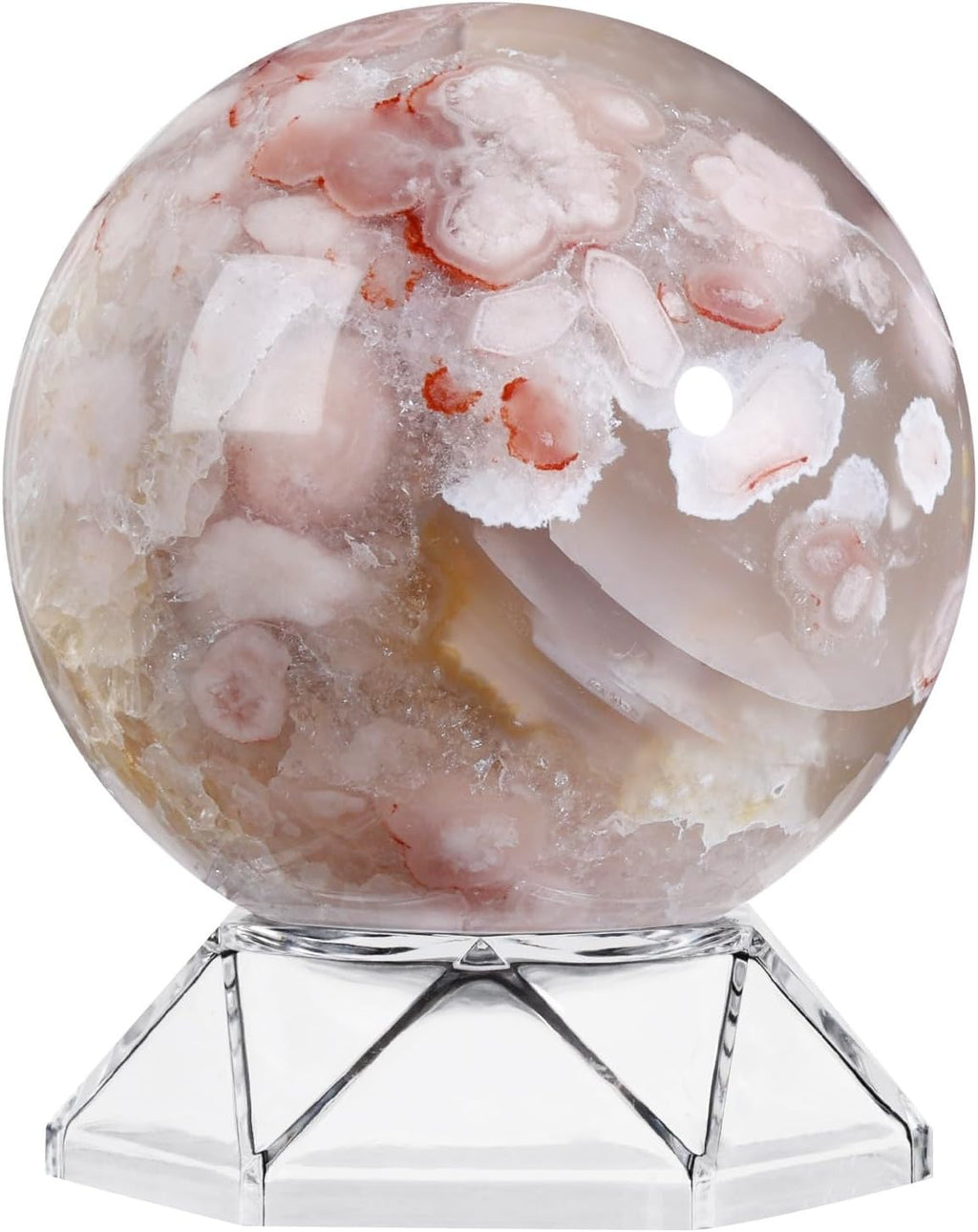 Natural Cherry Blossom Agate Crystal Ball with Acrylic Display Base, 71-80mm Polished Stone Feng Shui Crystal Sphere Meditation Decoration for Home & Office