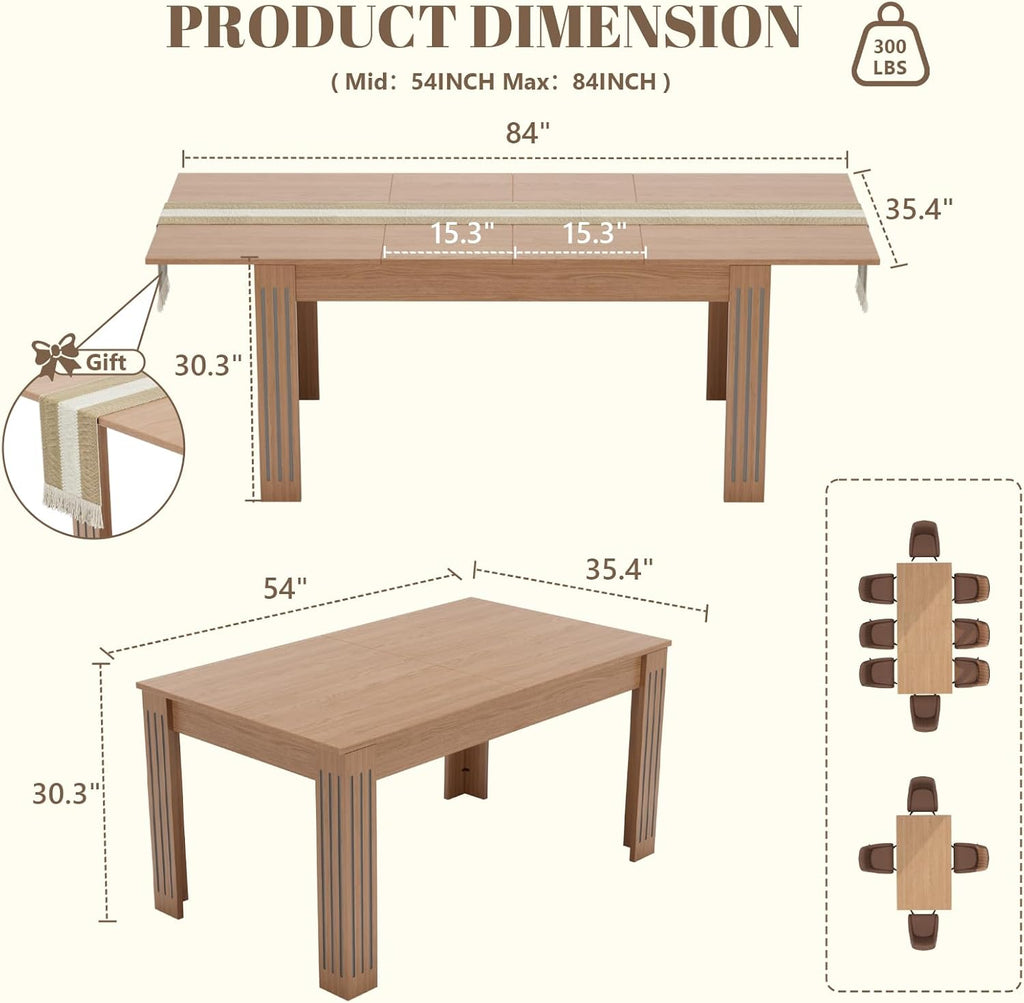 Expandable Dining Table for 4-10 People, 54 to 85 Inch Rectangular Kitchen Table with Self-Storing Leaf, Modern Engineered Wood Dining Table