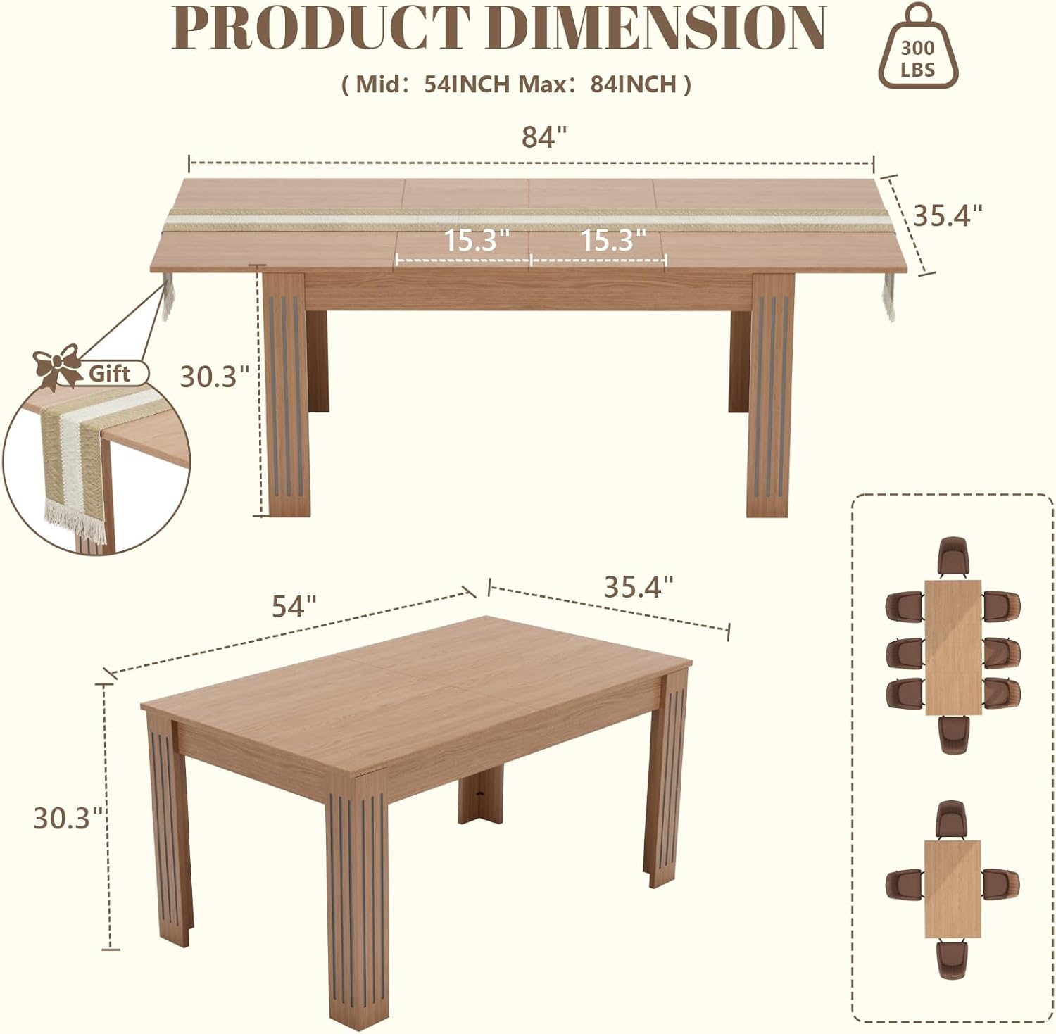 Expandable Dining Table for 4-10 People, 54 to 85 Inch Rectangular Kitchen Table with Self-Storing Leaf, Modern Engineered Wood Dining Table