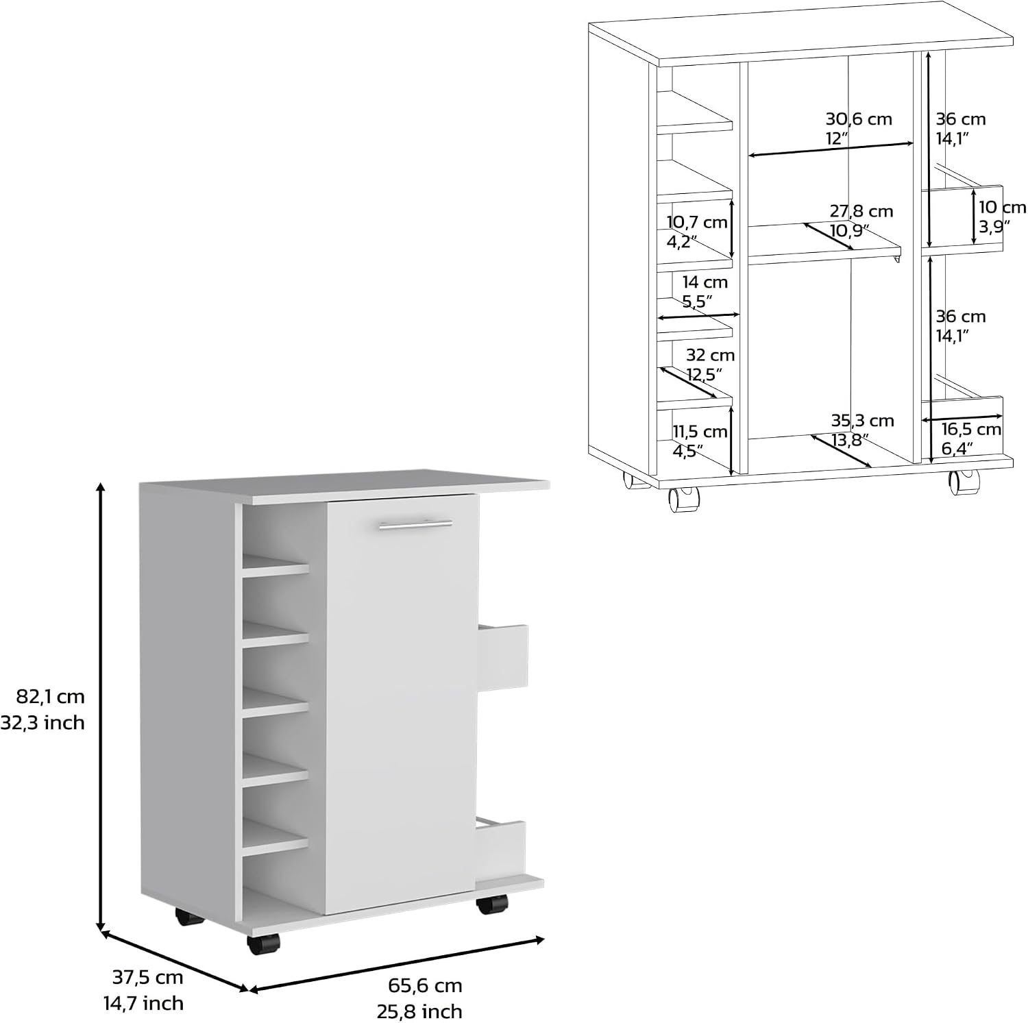 Kitchen Island Wynne with Storage and Cabinet, White/Macadamia Finish | Includes push-to-open cabinet door and open shelves for organized storage