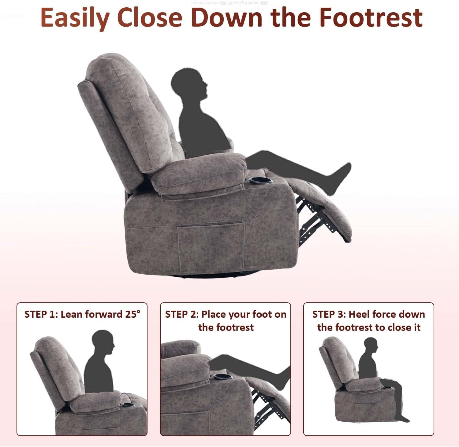 KCQ Oversized Swivel Rocker Recliner Chair with Massage Heat Cup Holders, Overstuffed Fabric Heated Massaging Swivel Glider Chair Rocking Recliner Chair, Grey