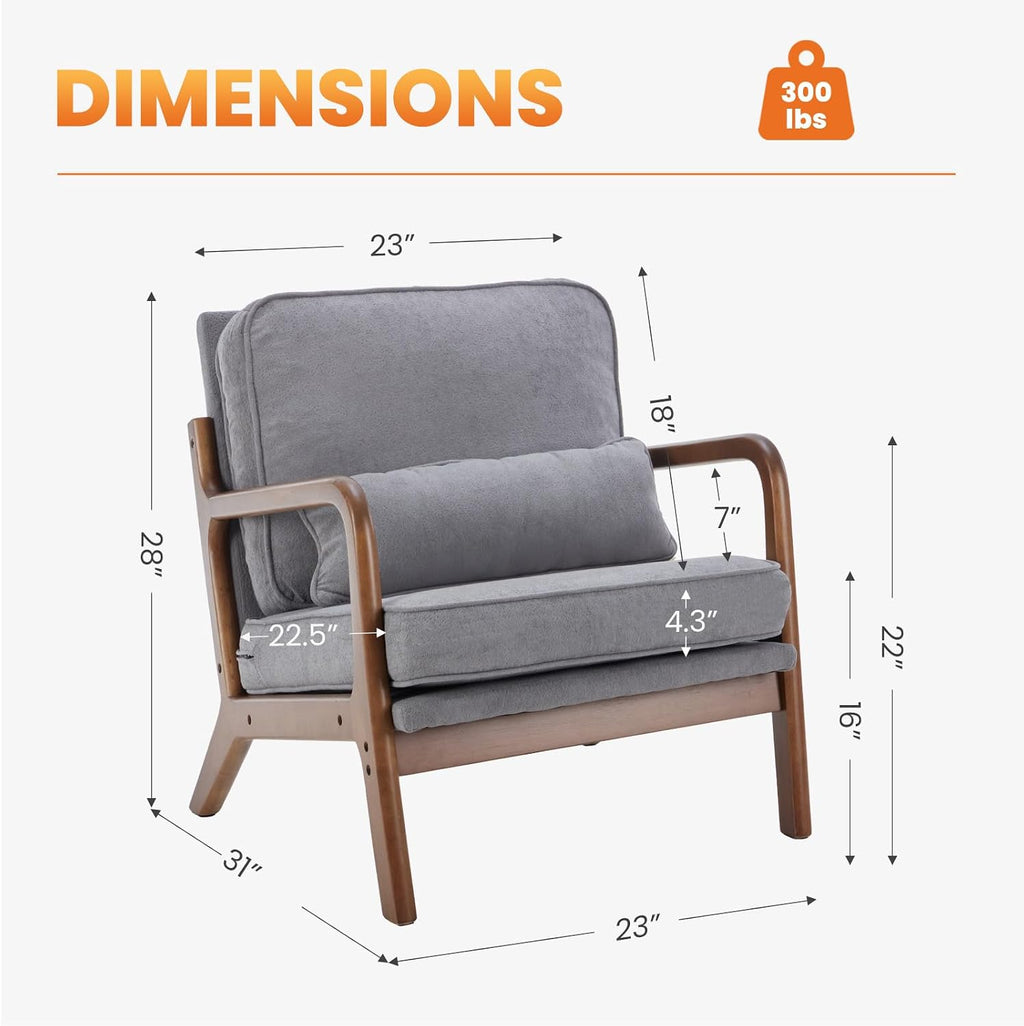DUMOS Mid Century Modern Chairs Set of 2, Accent Chair with Arms and Waist Cushion, Reading Chairs for Adults, Lounge Chair for Living Room and Bedroom, Solid Wooden Frame, Light Grey