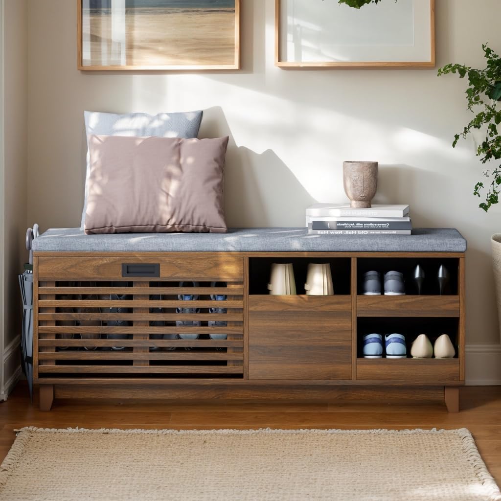 Gyfimoie 2-Tier Shoe Storage Bench,47" Entryway Bench with 2 Flip Drawers & Padded Seat Cushion, Walnut Shoe Bench with Adjustable Shelves & Sliding Doors,Storage Bench for Entryway,Hallway,Bedroom