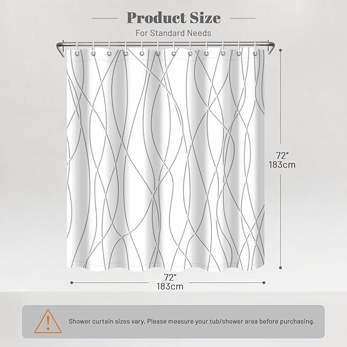 Punkray Grey Shadow Shower Curtain for Bathroom with Hooks, Shower Curtain Set Stripe Bath Curtains Decor White Shower Curtains Weighted Hem Washable, 72 x 72